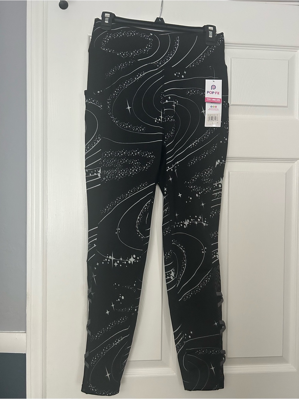 POP Fit Black Leggings with Silver Space Swirl Print